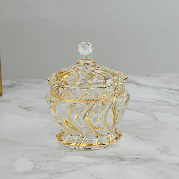Swirl design candy bowl with lid gold