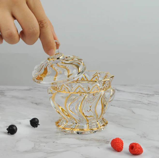 Swirl design candy bowl with lid gold