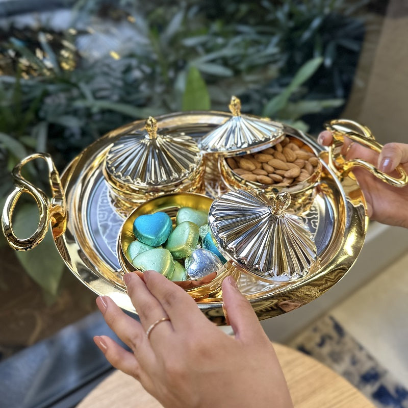 Medium Designer Round Golden Handle Tray with 3 Aladin Bowls