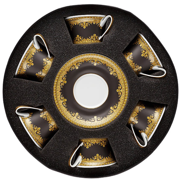 Versace - Tea Cup and Saucer, Set of 6 in round hat box | I Love Baroque Nero