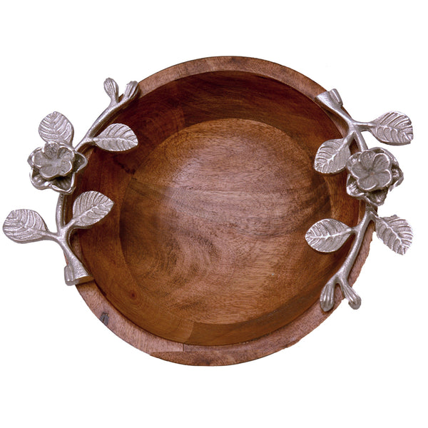 Wooden Bowl with Silver Flowers