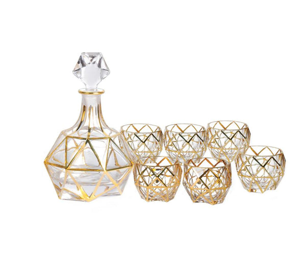 6Pcs Whisky Glasses Golden Triangles With Decanter