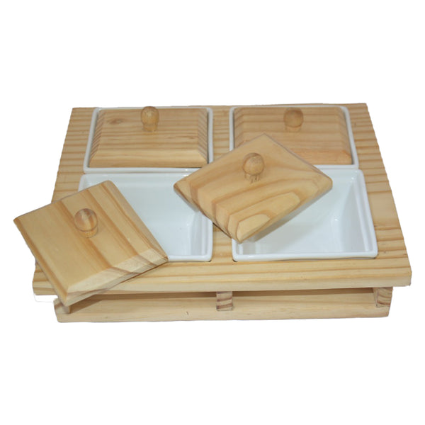 Chic Wooden Tray with Bowls Set of 4