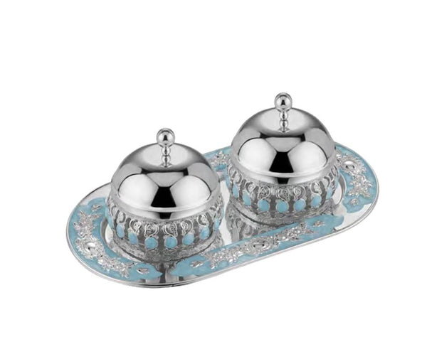 Flower Oval Designer Tray with pair of enamel candy jar with lid