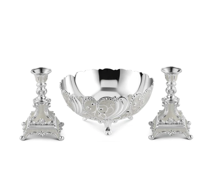 Big Enamel Bowl + Set Of 2 Candle Stand