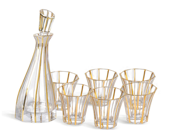 6 glasses with decanter - curvy with vertical lines- Gold