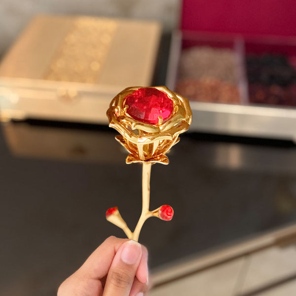 Rose Figurine With Red Crystals In Gold Plating