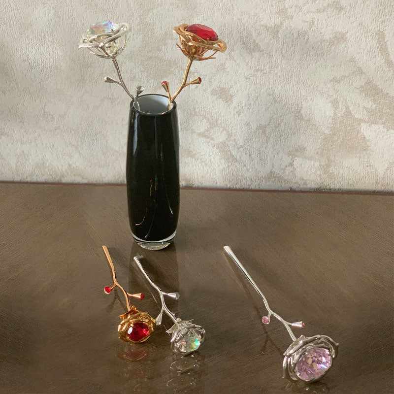 Rose Figurine With Pink Crystals In Gold Plating Large