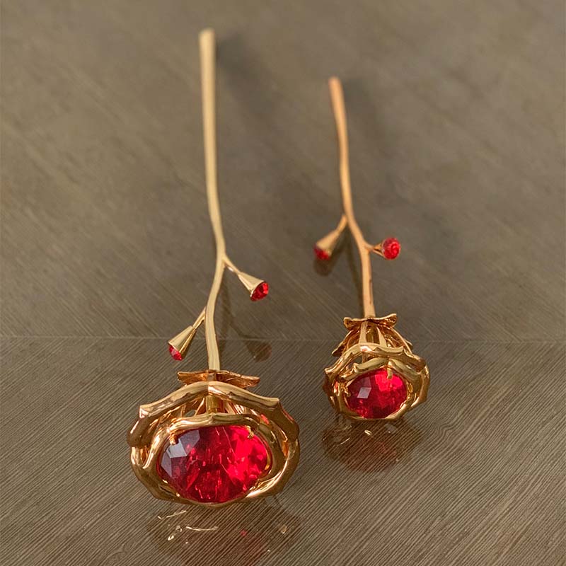 Rose Figurine With Red Crystals In Gold Plating