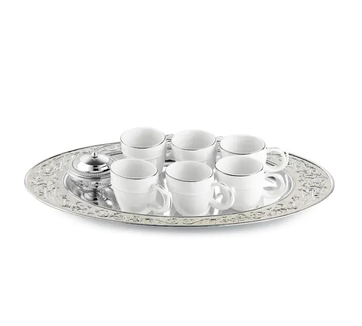 Oval MOP tray L + 6 white cups + sugar bowl MOP