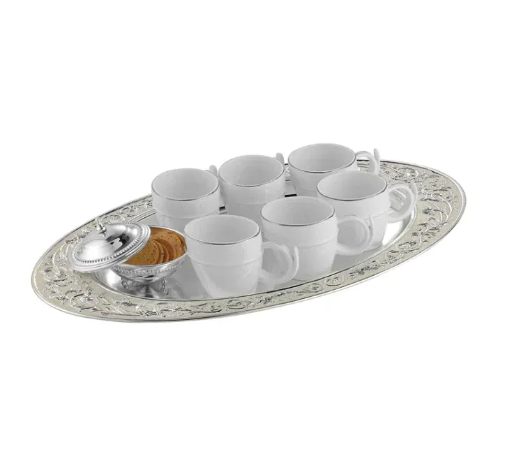 Oval MOP tray L + 6 white cups + sugar bowl MOP