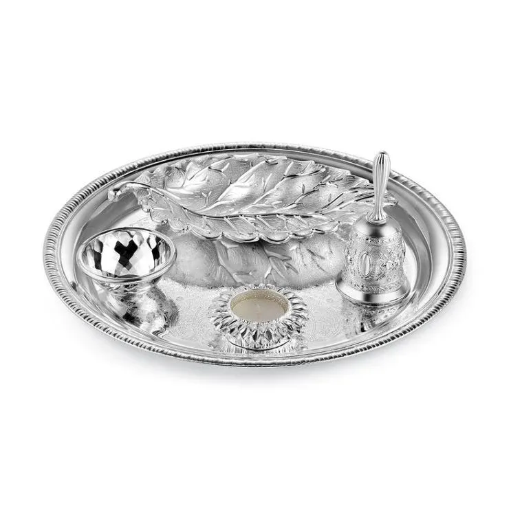 Puja thali with leaf bell katori & tea light- Colored