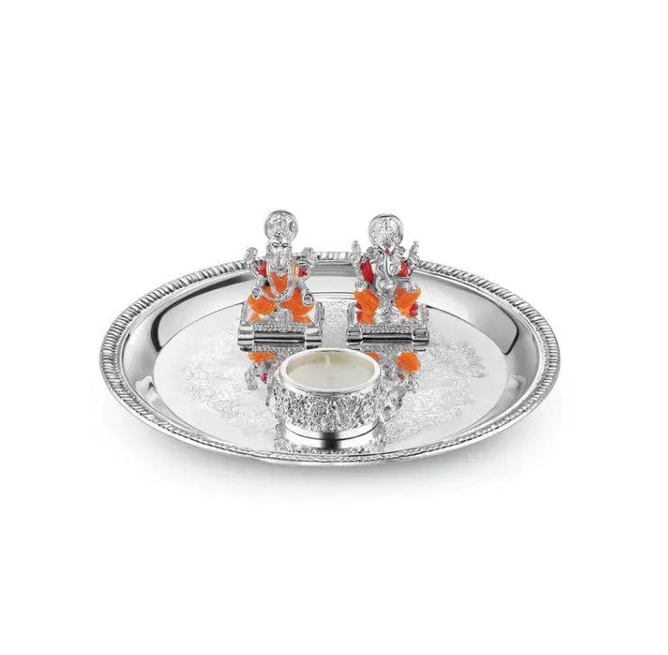 Puja thali with small Lakshmi Ganesh ji & tea light- Colored