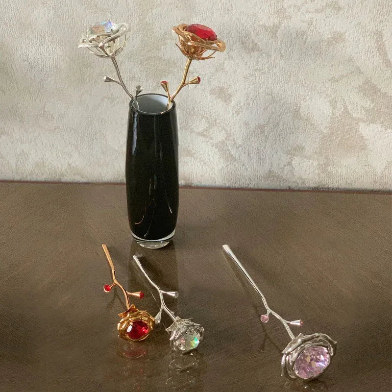 Rose Figurine With Pink Crystals In Gold Plating Large