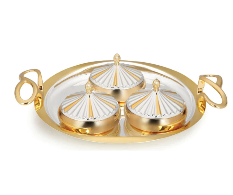 Medium Designer Round Golden Handle Tray with 3 Aladin Bowls