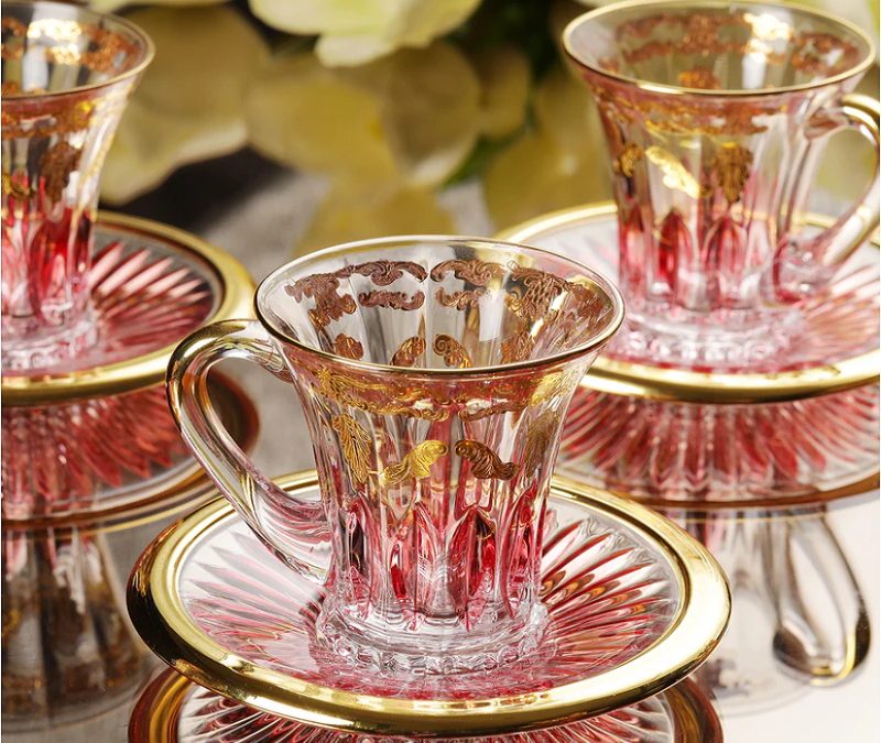Crystal Tea cups & Saucers Amber Gold