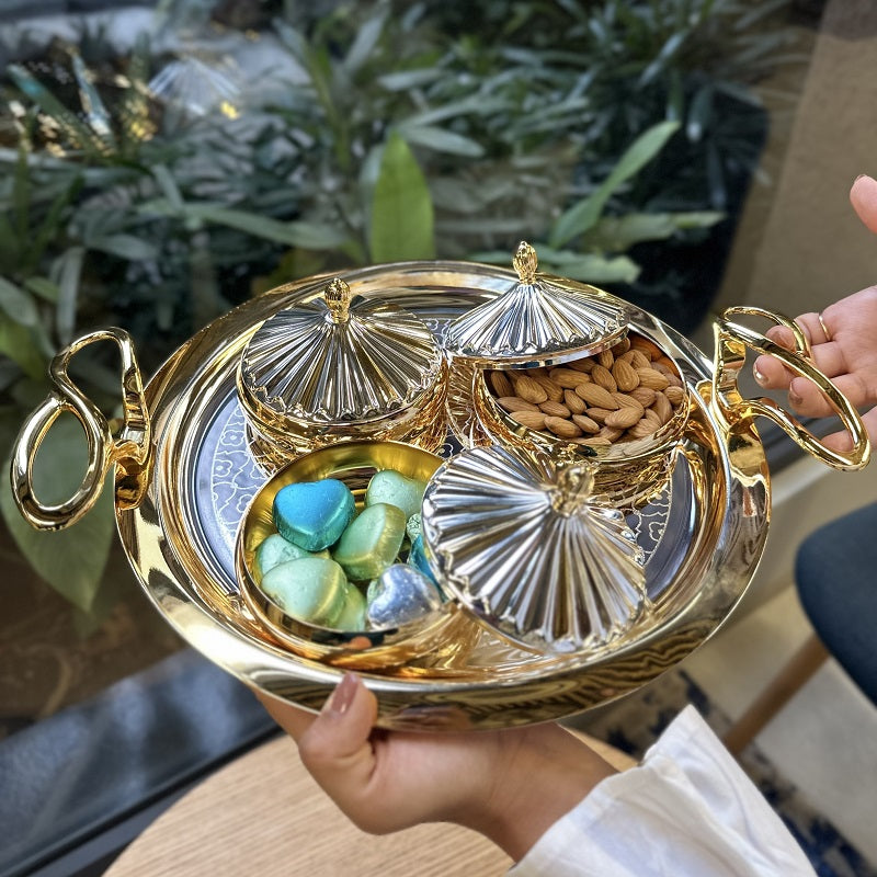 Medium Designer Round Golden Handle Tray with 3 Aladin Bowls