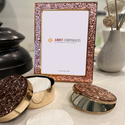 Set Of Pink Shimmer Frame + Compact Mirror + Box