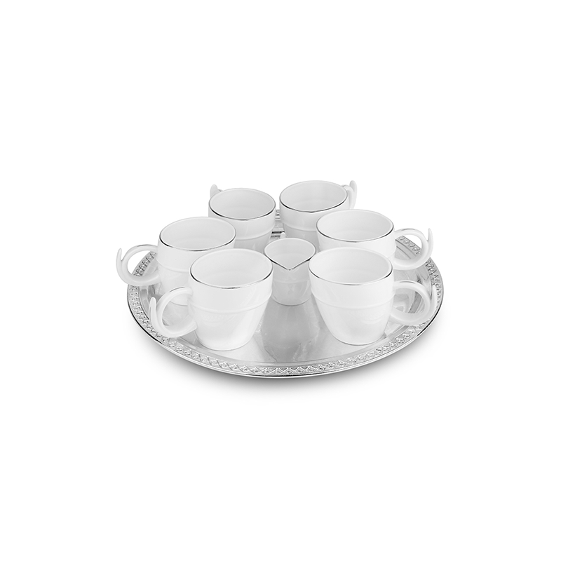 Silver Tray With 6 Cup And Milkpot