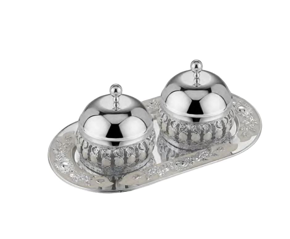Flower Oval Designer Tray with pair of enamel candy jar with lid