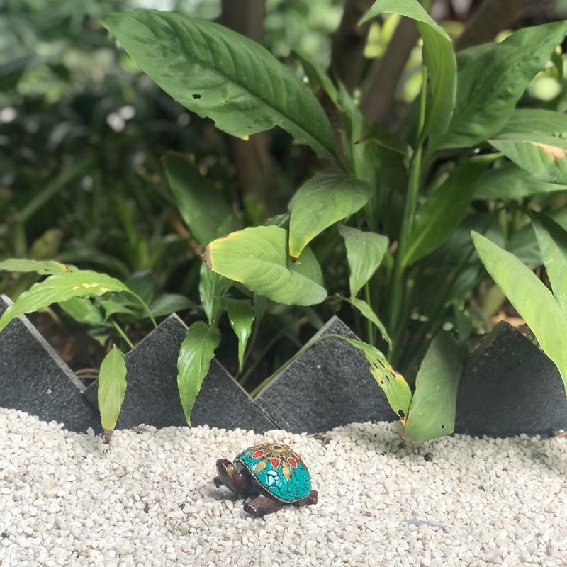 Wooden Turtle W/Gem Stone & Brass Work Bronze Finish = 3"