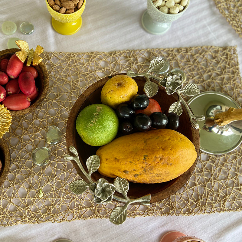 Wooden Bowl with Silver Flowers
