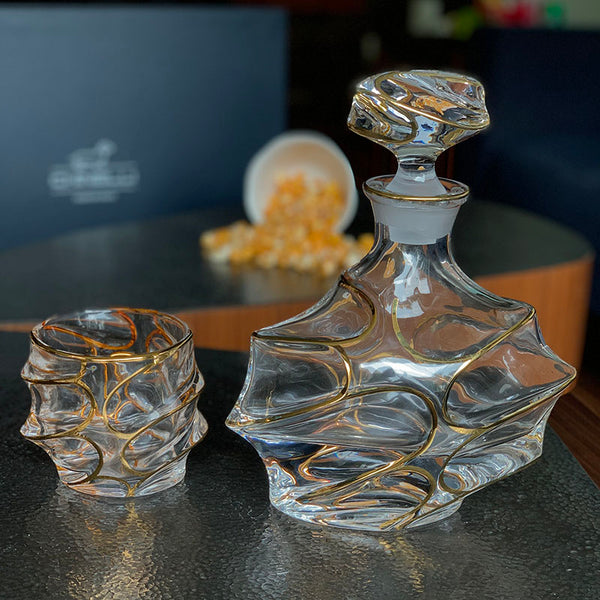 Gold Octagon Shaped Whiskey Glasses with Decanter