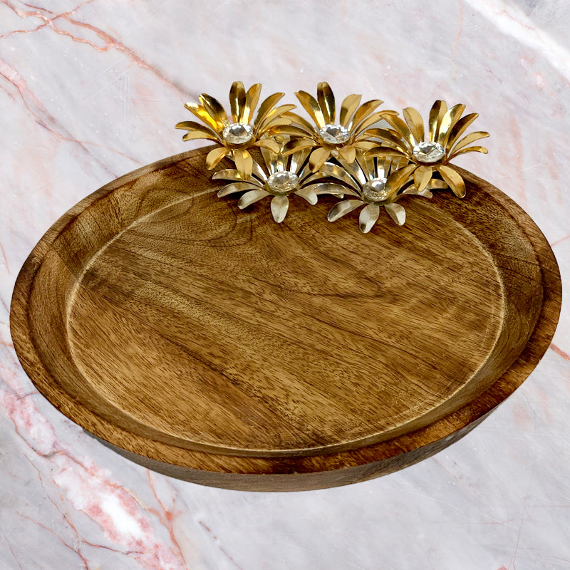 Wooden Round Plate with Flowers