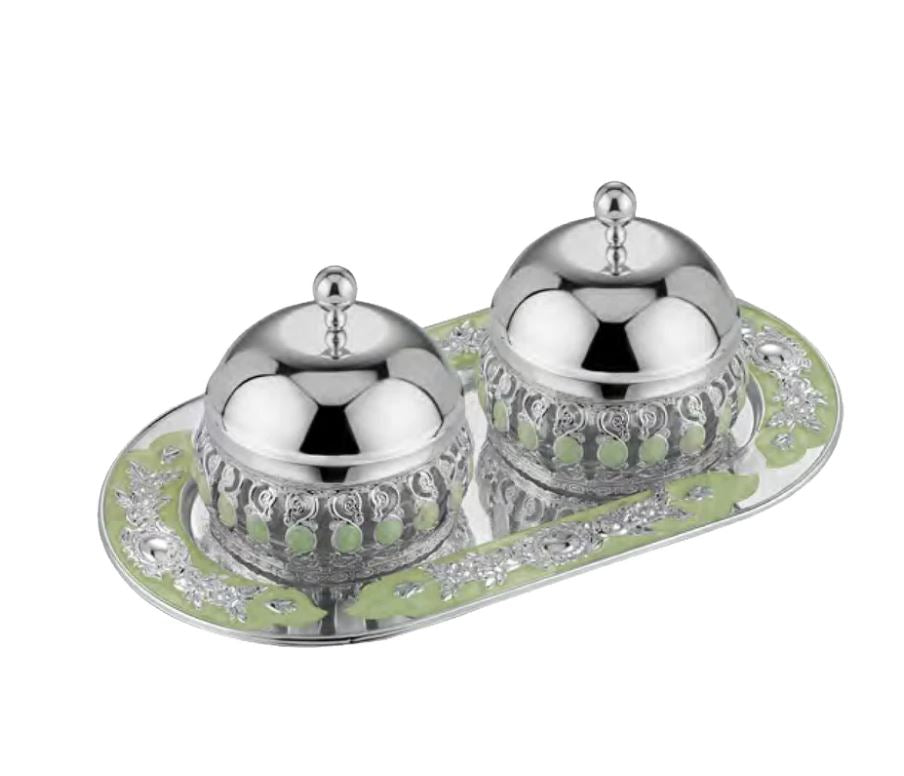 Flower Oval Designer Tray with pair of enamel candy jar with lid