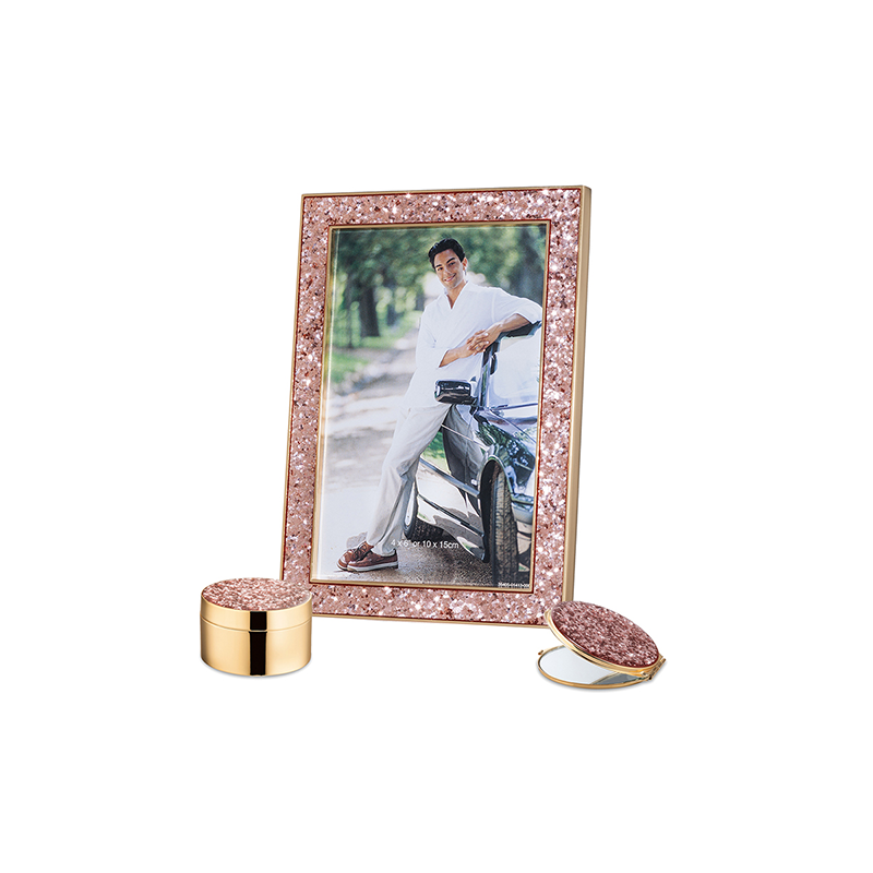 Set Of Pink Shimmer Frame + Compact Mirror + Box
