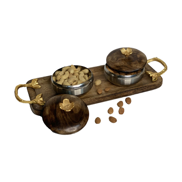 Wooden Tray with 2 Bowl