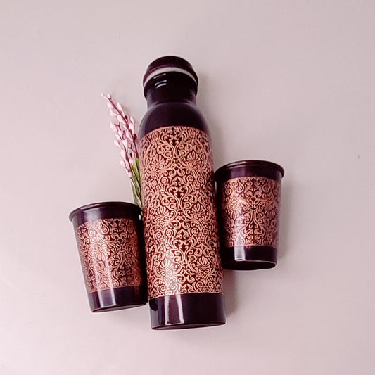 Antique Etching Copper Bottle & Glass Set