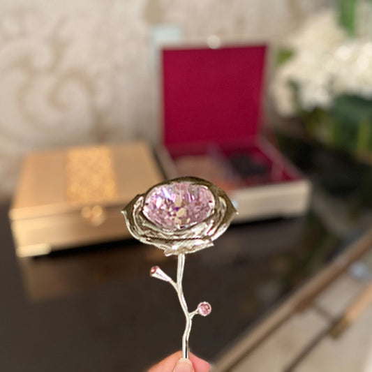 Rose Figurine With Pink Crystals In Gold Plating Large